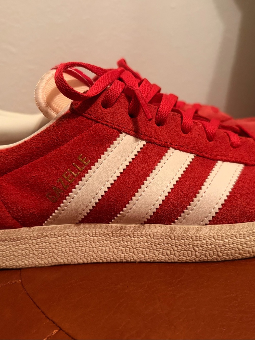 Men’s Adidas Red Suede Gazelle Sneakers with White Stripes